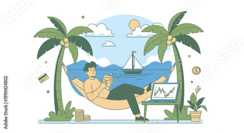 Digital nomad trading stocks on tropical beach in hammock