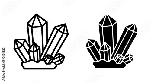 Crystal Quartz Mineral Icon Set in Black and White Outline