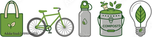 Eco-Friendly Lifestyle: An array of sustainable living essentials—a reusable shopping bag, bicycle, water bottle, composting bin, and a lightbulb with a sprouting leaf.