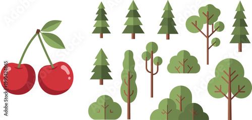 Cherries and trees set flat nature elements forest and fruit illustration collection