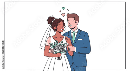 Diverse bride and groom celebrating wedding day with bouquet