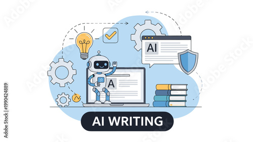 AI writing assistant concept with a cute robot using a laptop for content creation surrounded by gears ideas and digital security symbols.