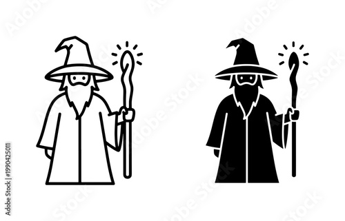 Wizard line and silhouette icon set holding magic staff