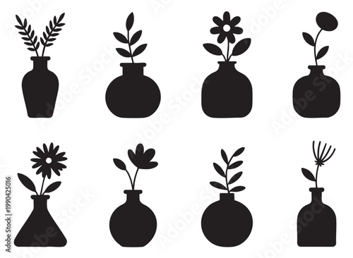 Flower vase silhouette set with botanical plants and floral arrangements.