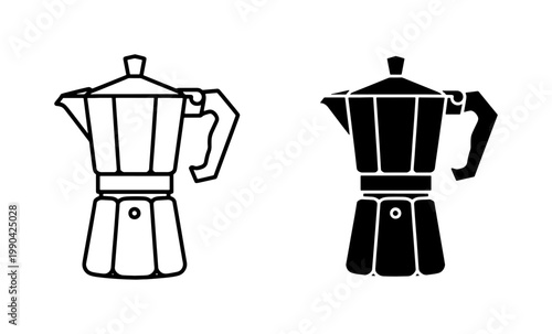 Moka Pot Coffee Maker Outline and Silhouette Icon Set