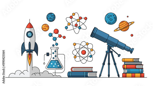 Science and space exploration objects including rocket launch, astronomical telescope, atomic structures, and chemistry beaker.