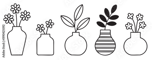 Elegant ceramic vase set with flowers and leafy branches hand drawn outline illustration.