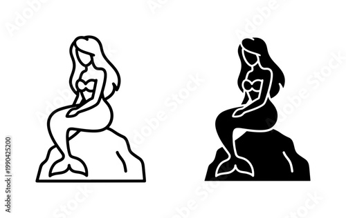 Mermaid sitting on rock icon set in outline and solid style
