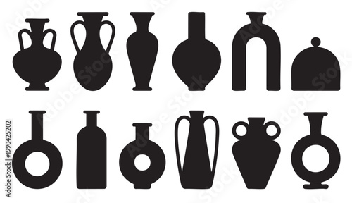 Silhouettes pottery collection isolated black ceramic vase shapes.