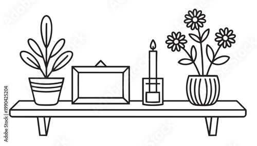 Simple line art wall shelf with decorative objects in doodle style home interior vector artwork