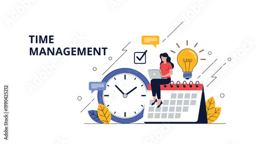 Professional time management and productivity concept with a woman working on her laptop atop a calendar and alarm clock.