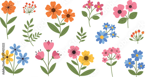 Cute colorful flowers collection simple botanical elements flat style illustration set