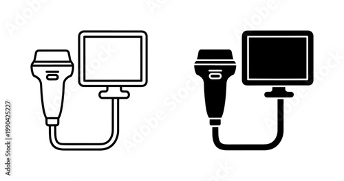 Medical Ultrasound Machine Icon Set with Monitor and Probe