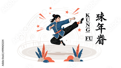 Martial arts Kung Fu performance featuring a skilled female fighter executing an energetic jump kick with decorative stars.
