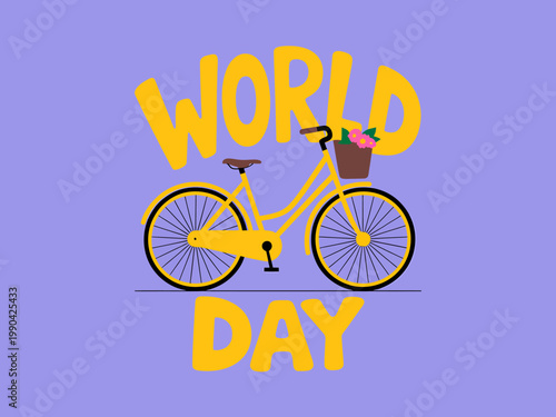 World Bicycle Day illustration with yellow bike and flowers on purple background