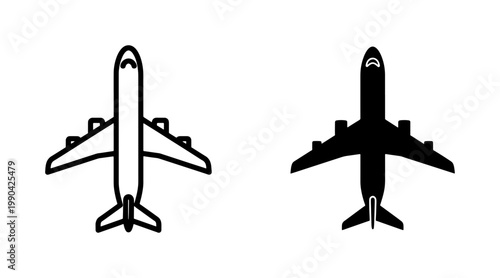 Airplane outline and solid black silhouette icons