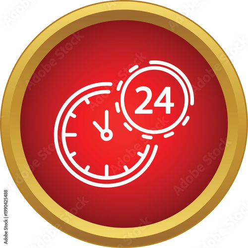 Red circle button with white clock and twenty four hour icon