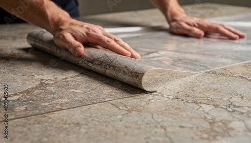 Close medium shot focused on stonepatterned decorative laminate being smoothed onto a surface beneath a transparent protective sheet highlighting natural elegance.