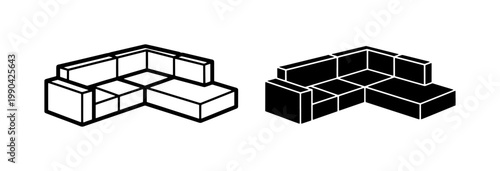 Modern Corner Sofa Icon Set in Outline and Solid Style