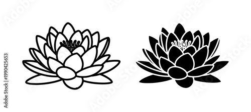 Lotus flower outline and silhouette vector icons