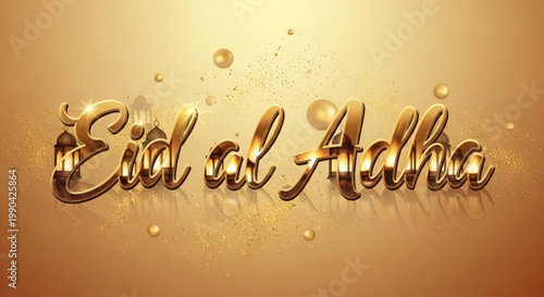 Golden Eid al Adha text with Islamic lanterns and bokeh festive greeting for Muslim holiday celebration elegant 3D render
