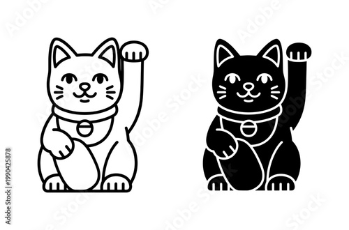 Maneki Neko Japanese Lucky Cat Line Art Icons