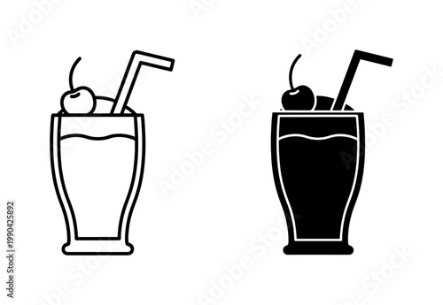 Milkshake with Cherry and Straw Line Art Icons
