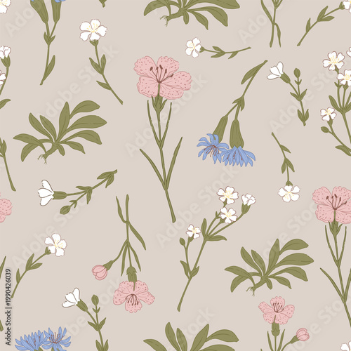 Seamless Scattered Wildflower Botanical Vector Pattern