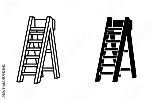 Wooden Step Ladder Icon Set for Construction and Home Repair