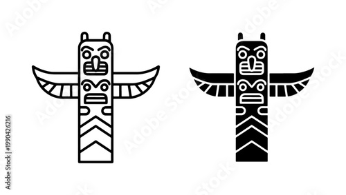 Native American Totem Pole Line and Silhouette Icons