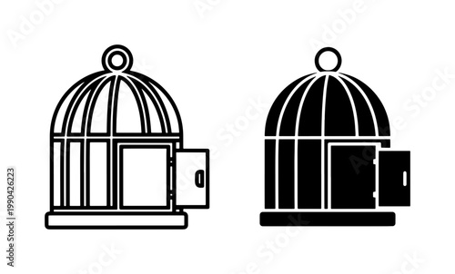 Open birdcage icon set representing freedom and escape