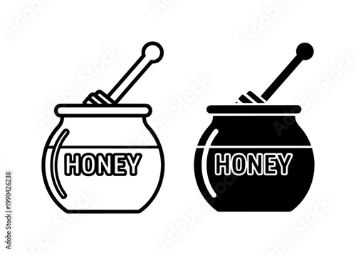 Honey Pot and Dipper Stick Vector Icon Set