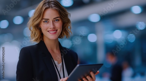 Smiling woman holding tablet indoors