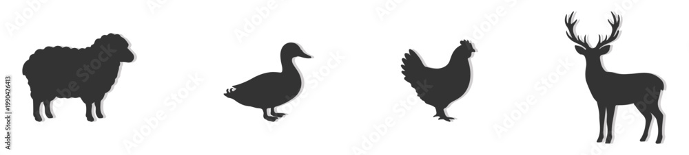 Obraz premium Farm Animals and Wildlife Silhouette Vector Set, Side Elevation Solid Black Livestock Figures for Landscape Analysis, Rural Site Mapping, and Minimalist Graphic Design