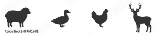 Farm Animals and Wildlife Silhouette Vector Set, Side Elevation Solid Black Livestock Figures for Landscape Analysis, Rural Site Mapping, and Minimalist Graphic Design