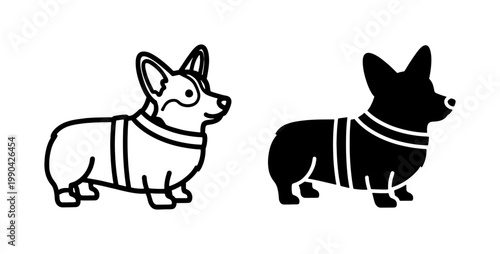 Corgi dog line art and solid black silhouette icons