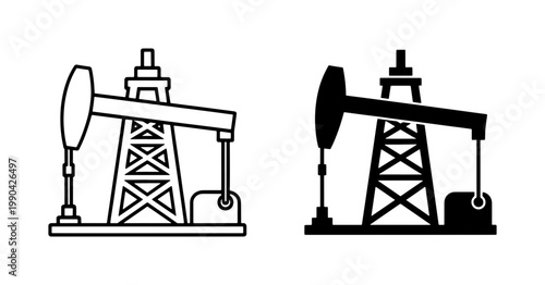 Oil Pump Jack Icon Set in Outline and Silhouette Style