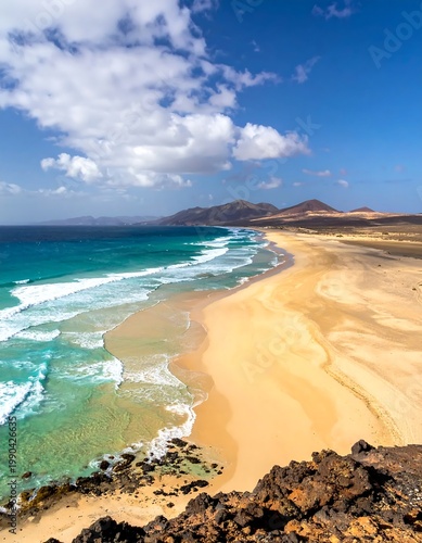 Vast Golden Sand Beach Panoramic Photograph Turquoise Waves Rolling Towards Shore With Distant Volcanic Mountains Under A Blue In Fuerteventura