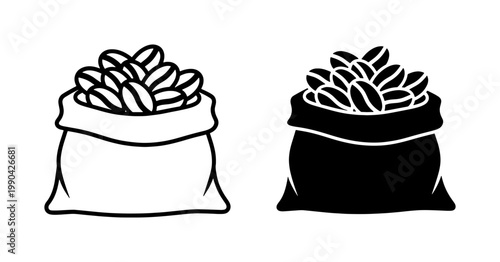 Coffee beans in burlap sack vector icon set