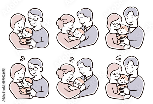 
祖父母と赤ちゃんの抱っこポーズセット（表情違い・育児サポート・家族イラスト）
