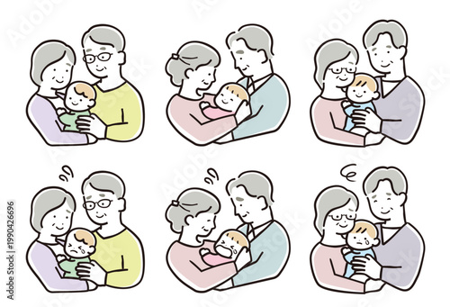 祖父母と赤ちゃんの抱っこイラストセット（パステルカラー・表情バリエーション・家族）