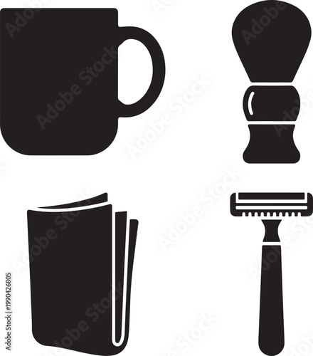 Morning routine items with coffee mug newspaper and shaving kit