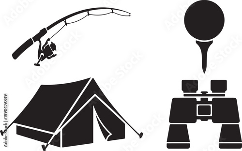 Outdoor leisure set with tent fishing rod golf and binoculars