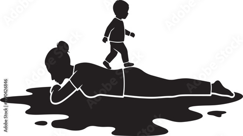 Mother laying down for toddler to cross puddle