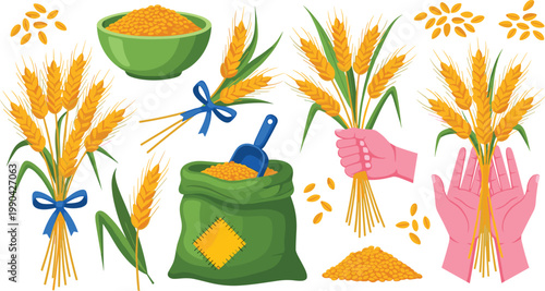 Wheat Harvest Icon Set Featuring Bundles of Wheat, Grain, Sack, and Harvest Tools for Farming and Agriculture Designs
