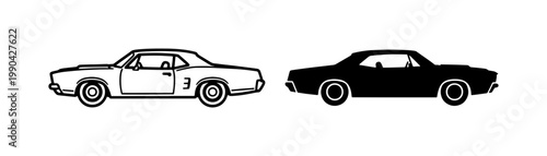 Classic Muscle Car Silhouette and Outline Vector Set