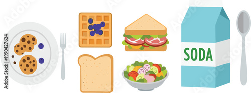 Breakfast and lunch food vector illustration set with cookies sandwich salad bread and soda drink in simple flat cartoon style