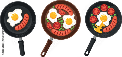 Set of frying pans with eggs sausage vegetables top view breakfast food illustration