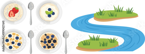 Breakfast bowls with fruits and river landscape vector illustration set with healthy food and nature elements in cartoon style