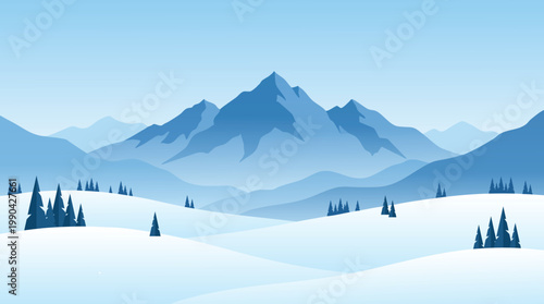 Serene winter landscape featuring snow-covered mountains and evergreen trees.